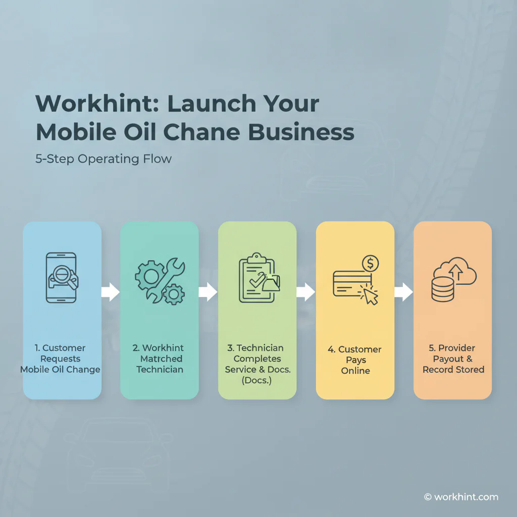 Five-step mobile oil change platform workflow from customer request to provider payout