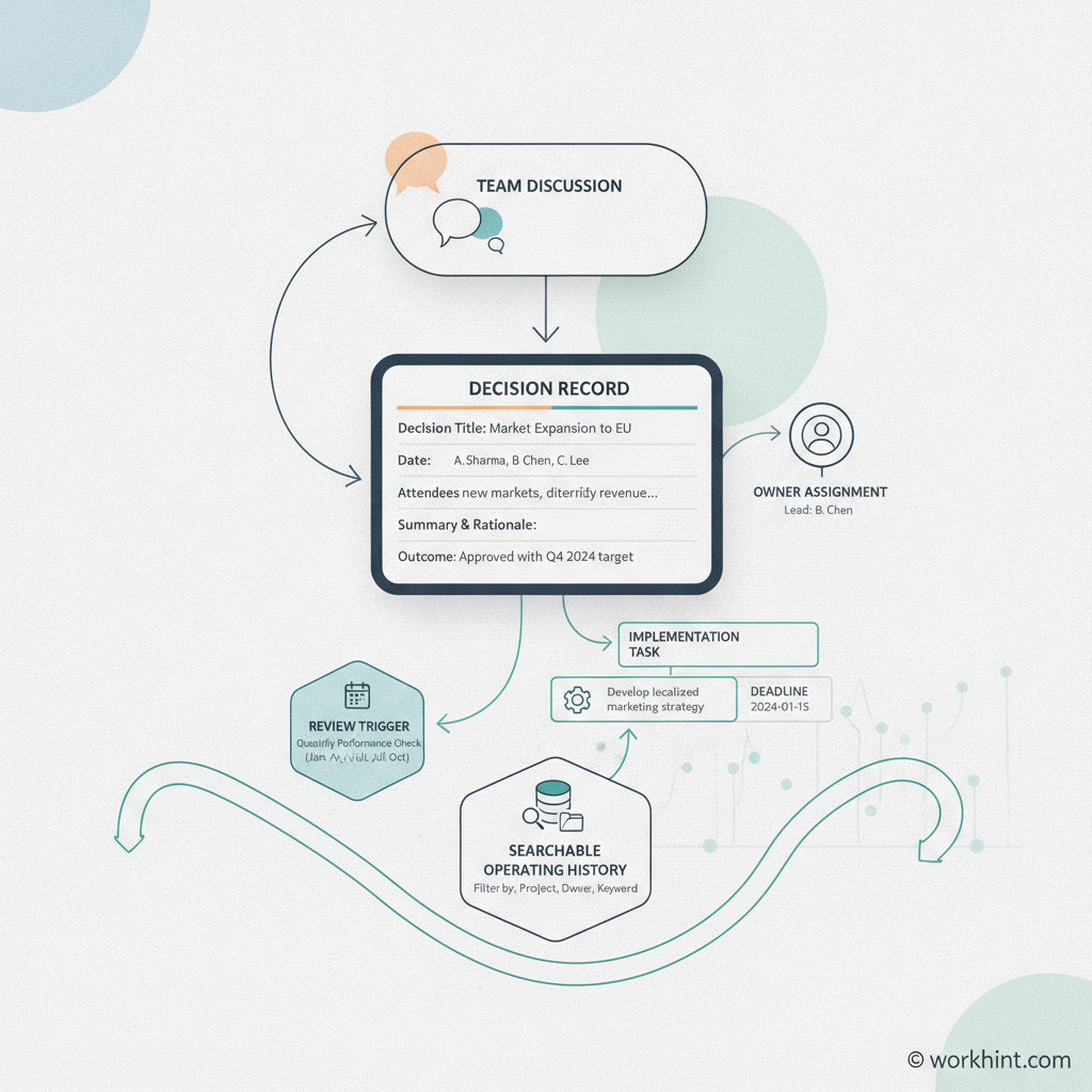 Decision log workflow from discussion to record, owner assignment, implementation, and review
