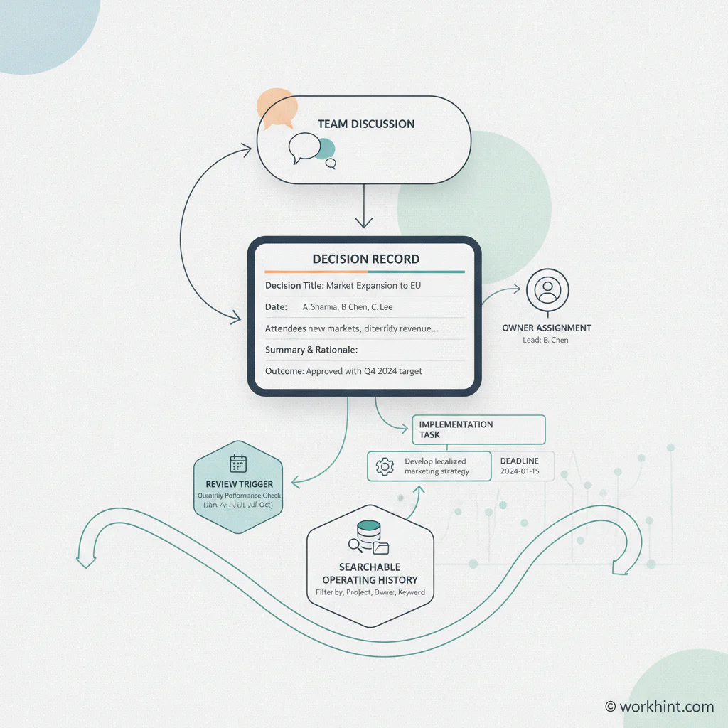 Decision log workflow from discussion to record, owner assignment, implementation, and review