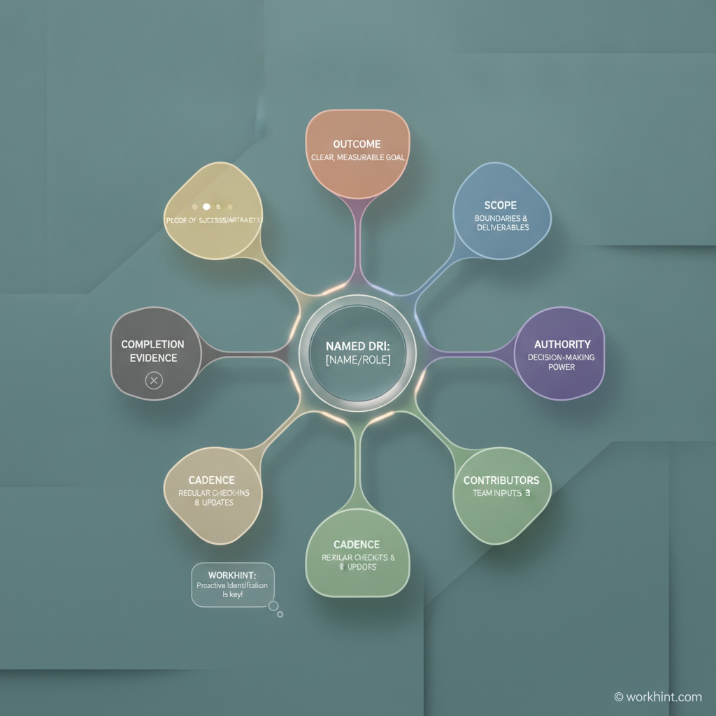 DRI operating model workflow map showing outcome, authority, contributors, cadence, blockers, and completion evidence