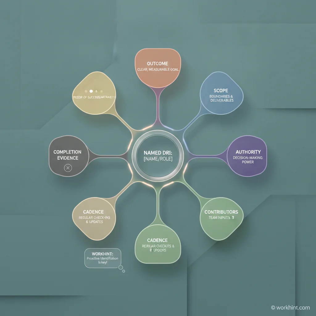 DRI operating model workflow map showing outcome, authority, contributors, cadence, blockers, and completion evidence