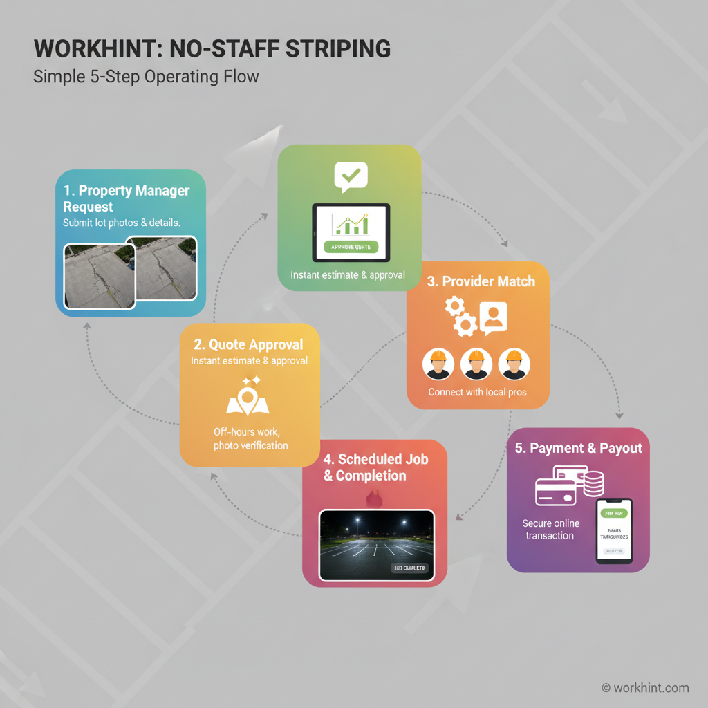 Parking lot striping business operating workflow from customer request to provider payout