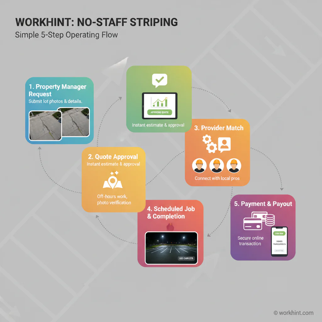 Parking lot striping business operating workflow from customer request to provider payout