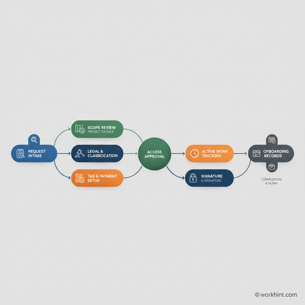 Independent contractor agreement workflow from request to approval, signature, access, payment setup, and offboarding