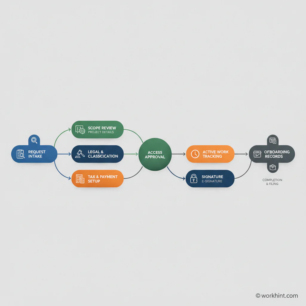 Independent contractor agreement workflow from request to approval, signature, access, payment setup, and offboarding