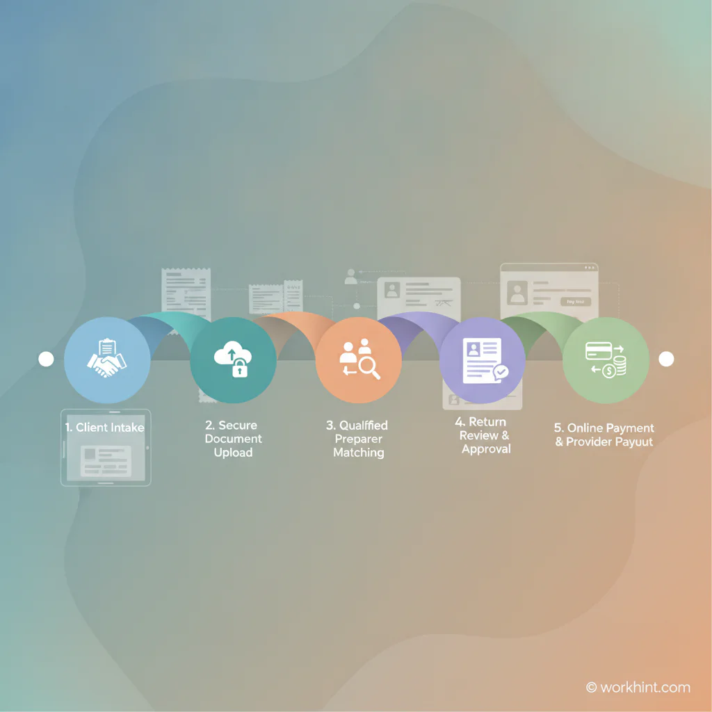 Tax prep business workflow from client intake to provider payout
