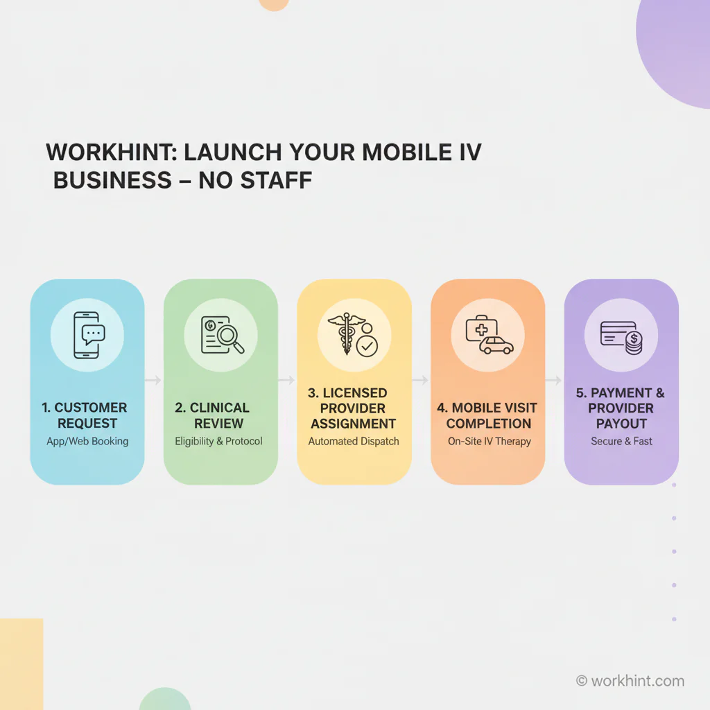 Mobile IV business workflow from customer request to provider payout