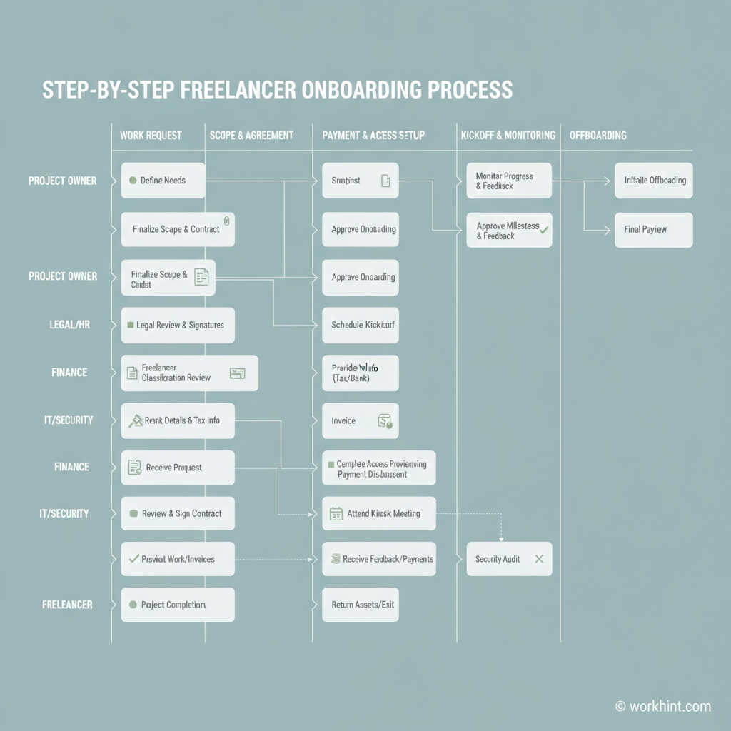 Freelancer onboarding workflow across scope, agreement, payment, access, kickoff, and milestone review