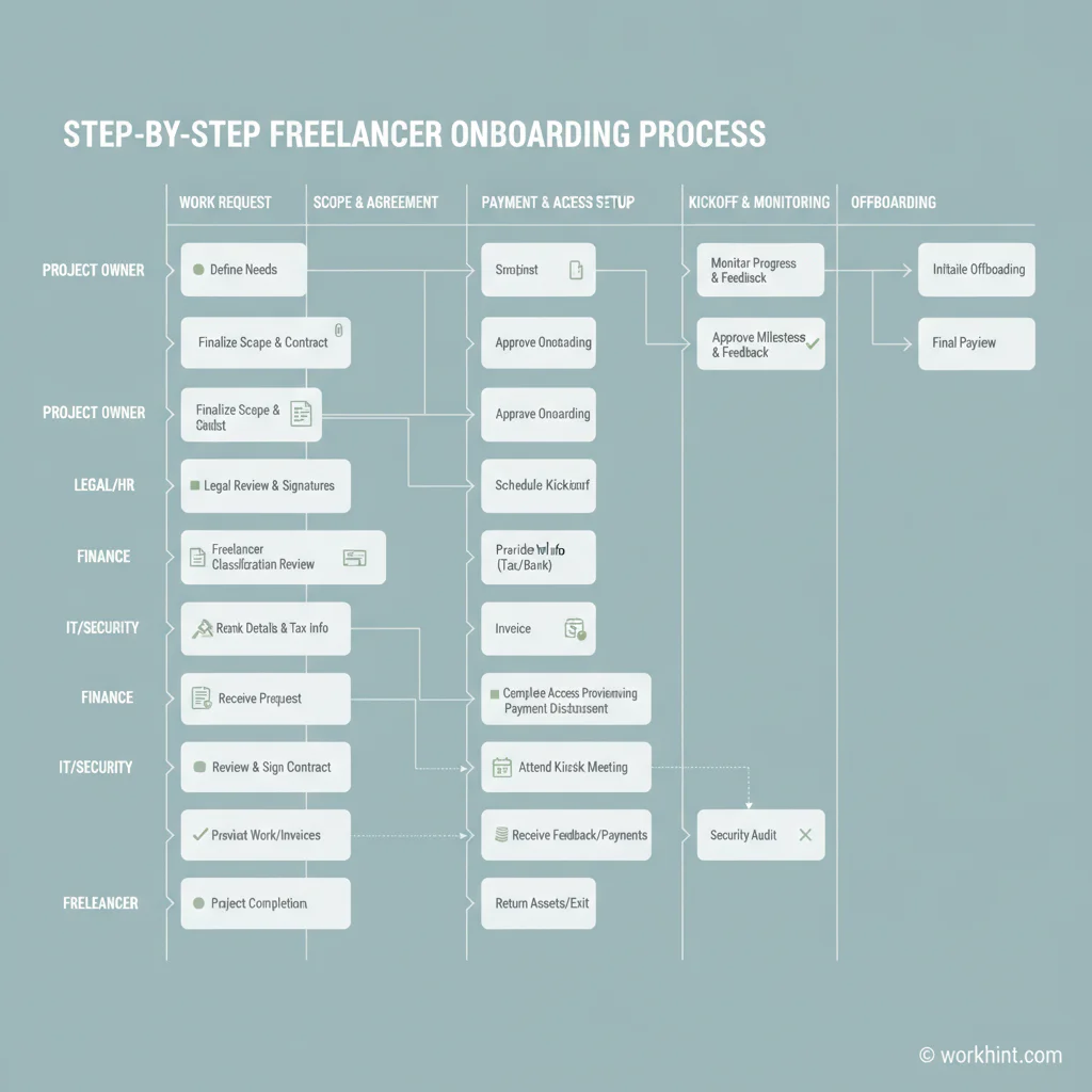 Freelancer onboarding workflow across scope, agreement, payment, access, kickoff, and milestone review