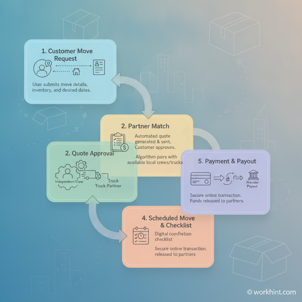 Moving company operating workflow from request to provider payout