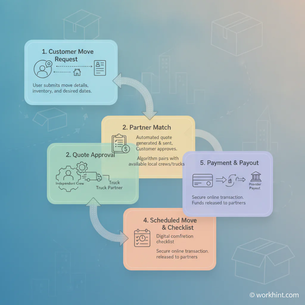 Moving company operating workflow from request to provider payout