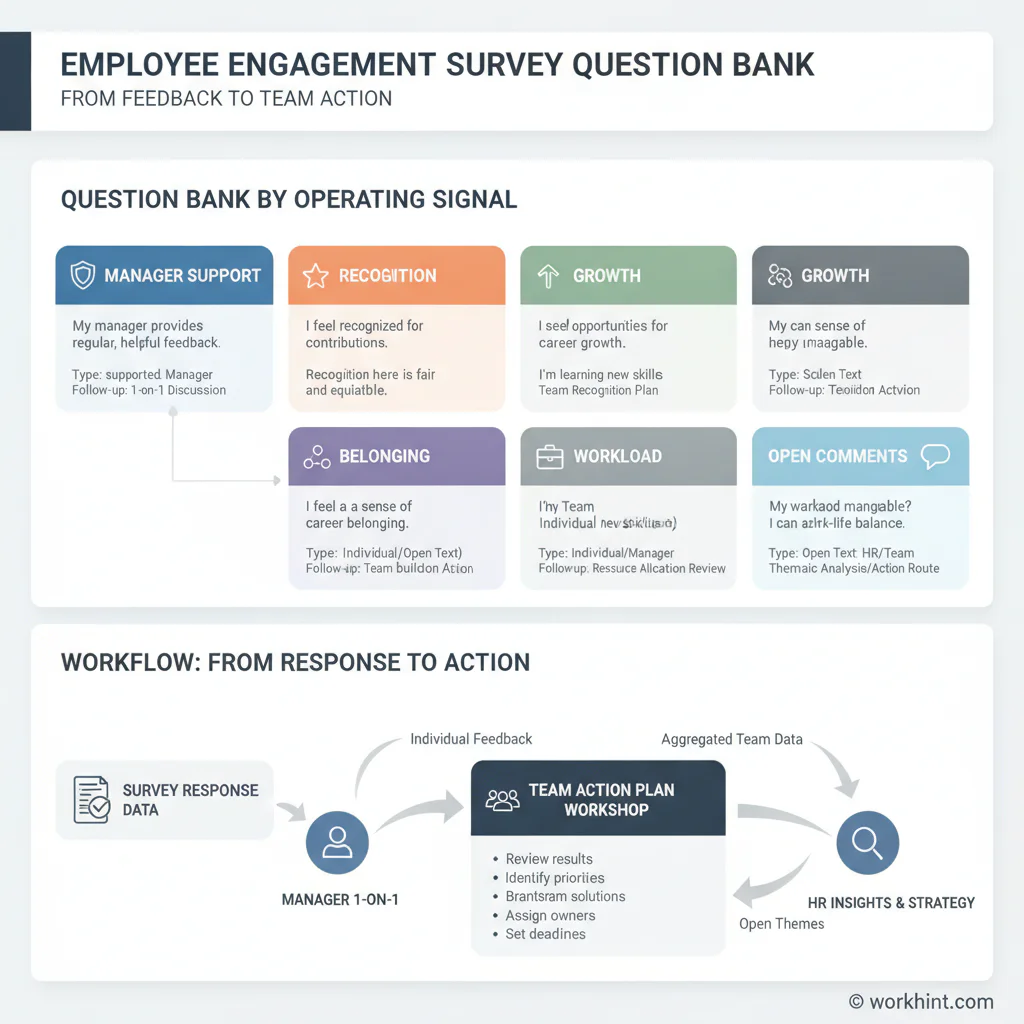 Employee engagement survey question bank workflow visual