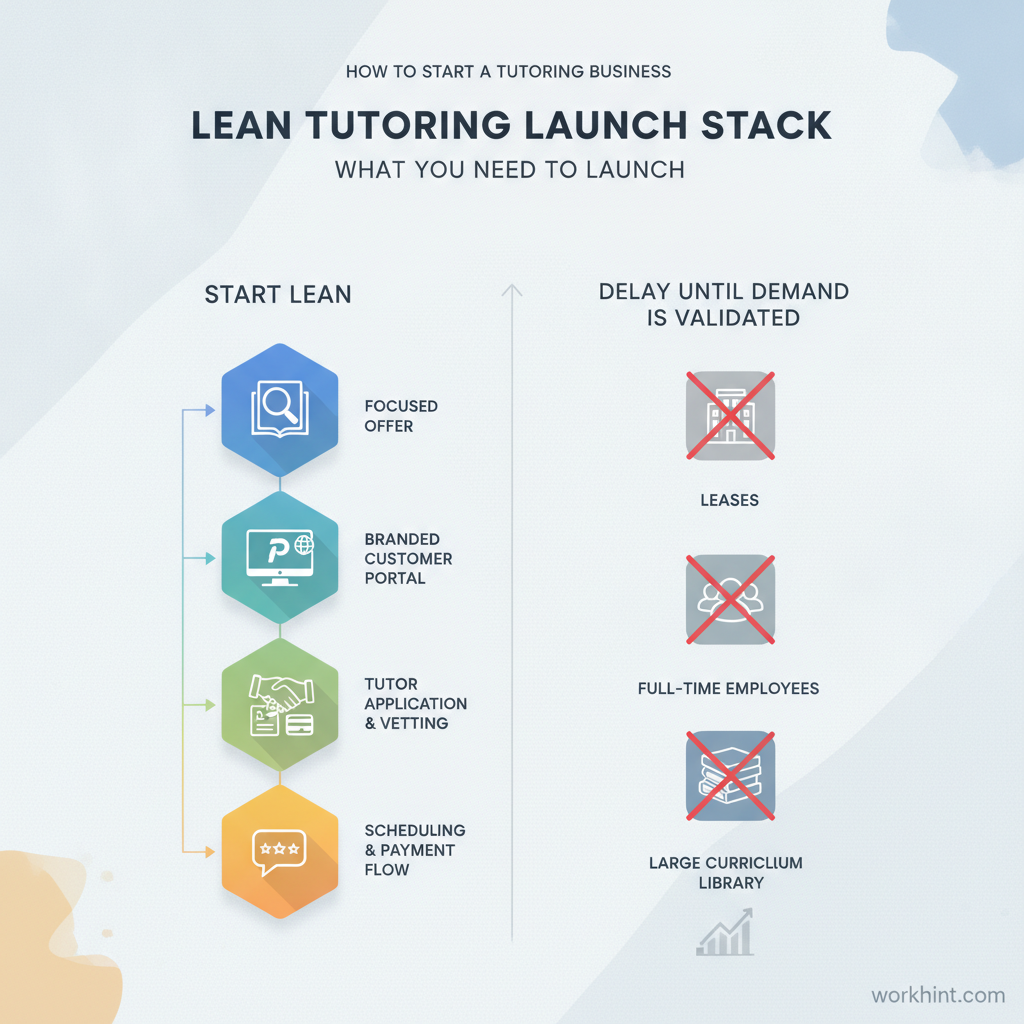 Lean tutoring business launch stack with platform, tutor network, intake, scheduling, and payments
