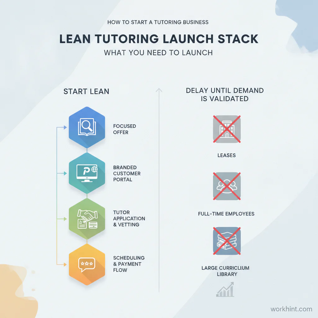 Lean tutoring business launch stack with platform, tutor network, intake, scheduling, and payments