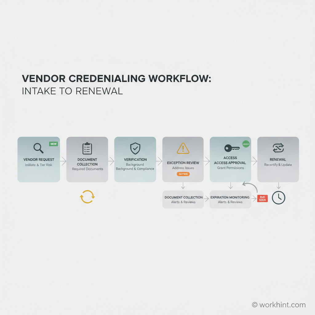 Vendor credentialing workflow from intake to renewal