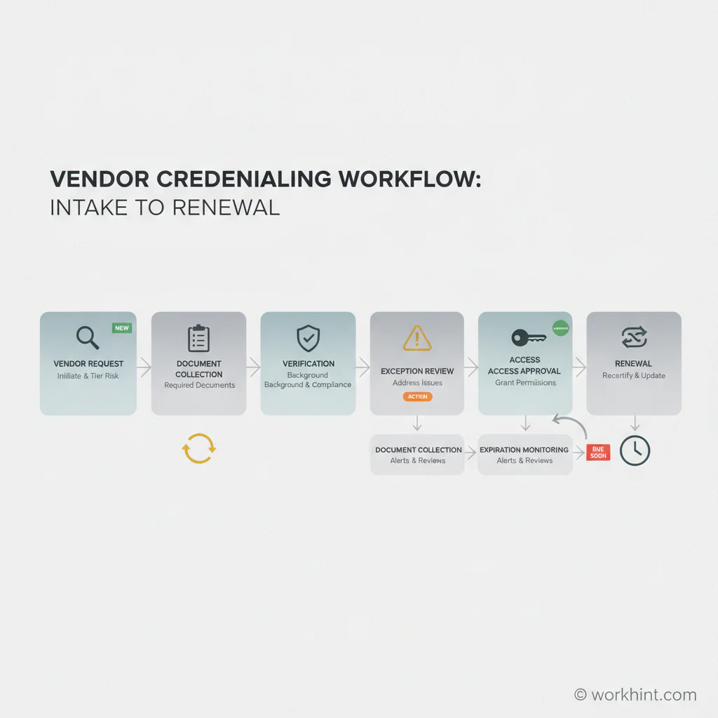 Vendor credentialing workflow from intake to renewal