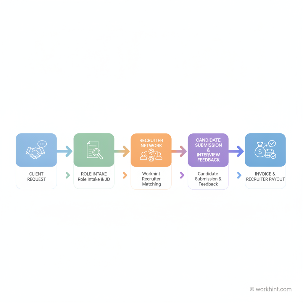 Lean recruiting agency workflow from client request to recruiter payout