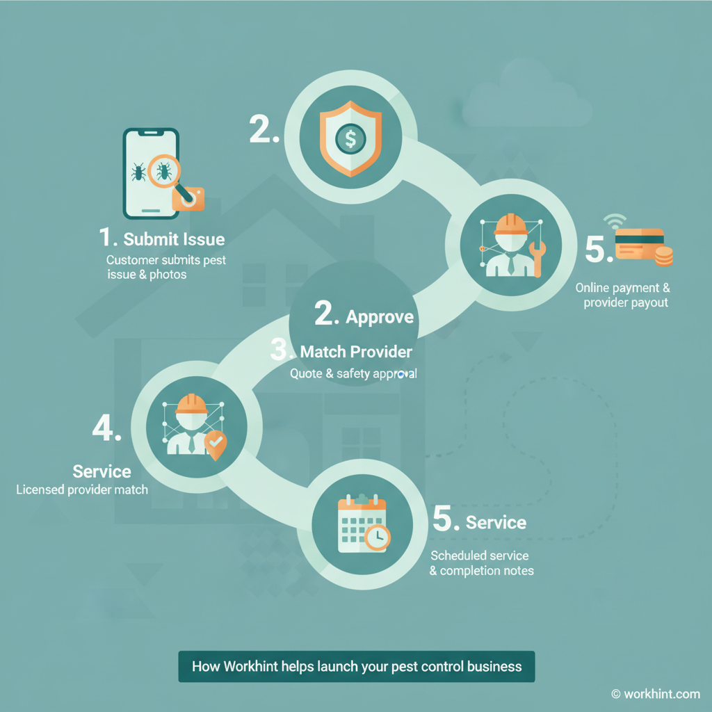 Pest control business workflow from customer request to licensed provider payout