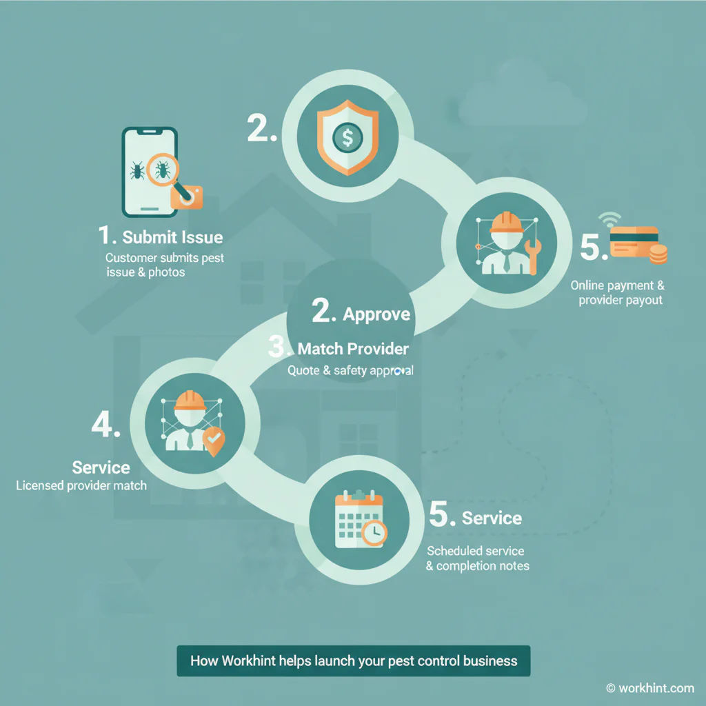 Pest control business workflow from customer request to licensed provider payout