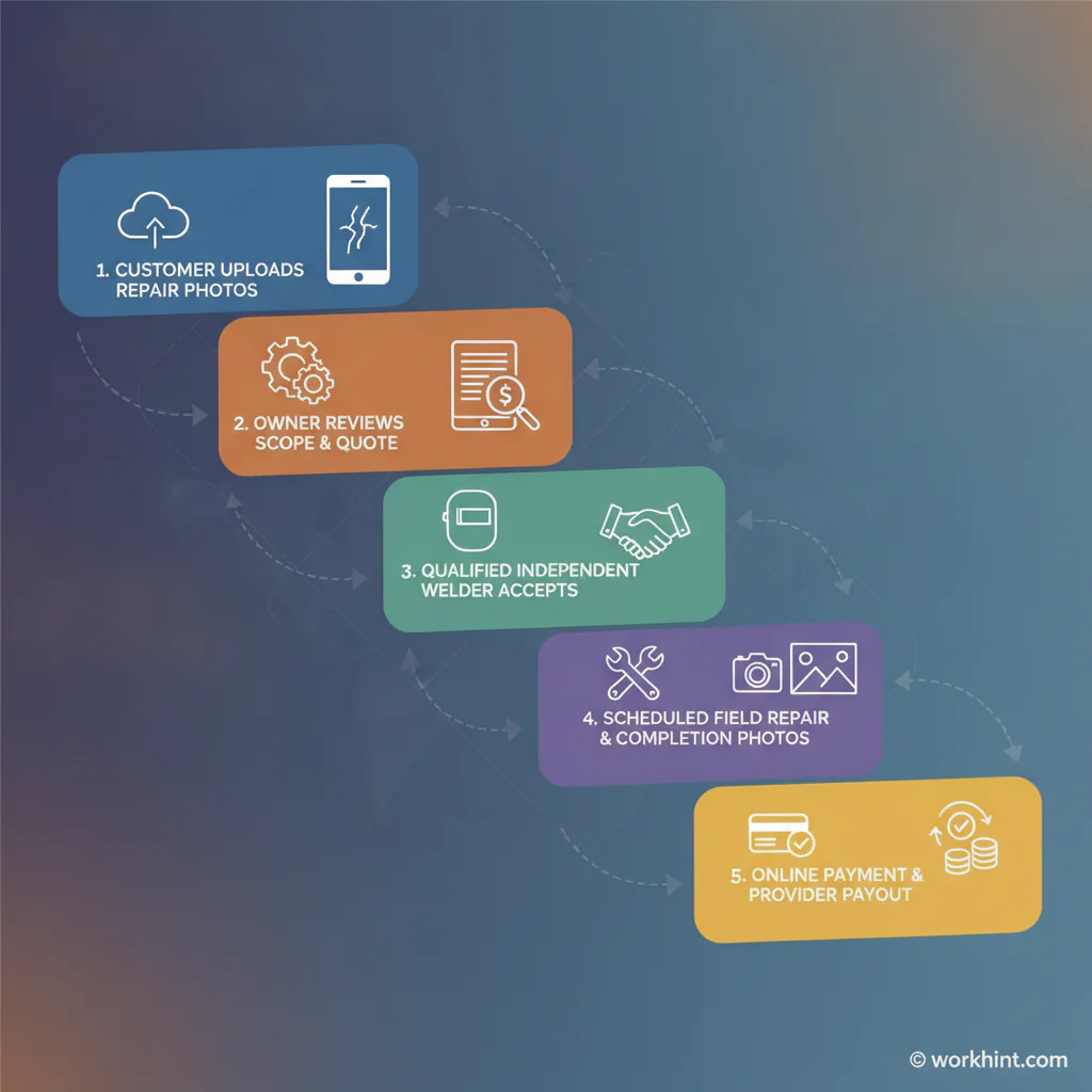 Mobile welding business workflow from customer request to provider payout