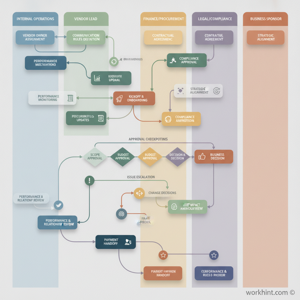 Vendor communication workflow across owners, updates, approvals, escalation, and payment handoff
