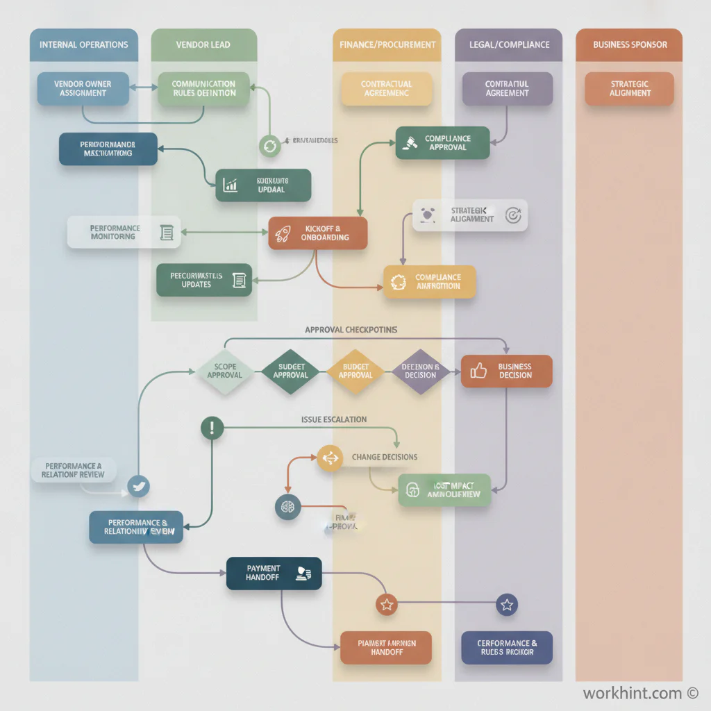Vendor communication workflow across owners, updates, approvals, escalation, and payment handoff