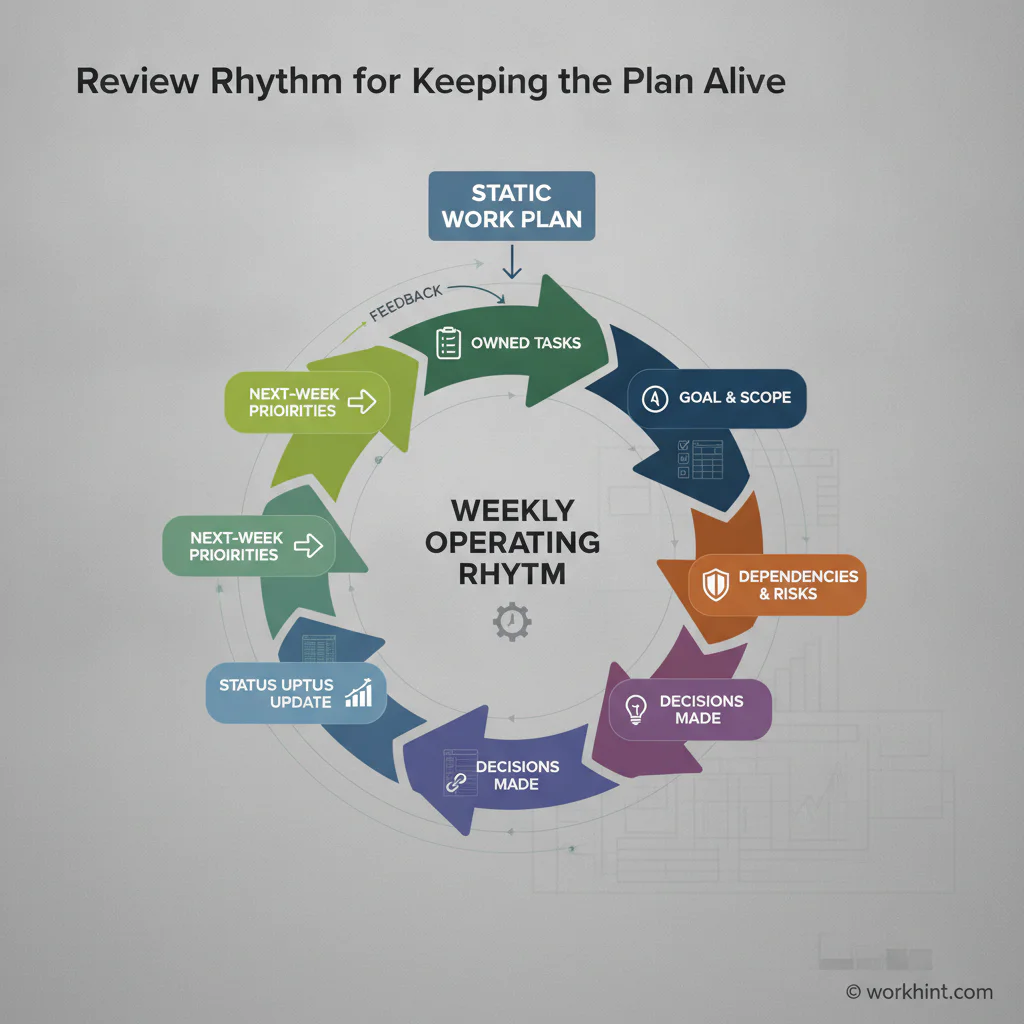 Work plan review rhythm workflow for business project planning