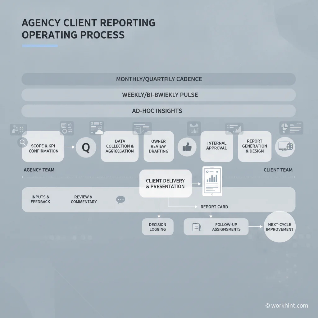 Agency client reporting workflow from KPI setup to follow-up assignments