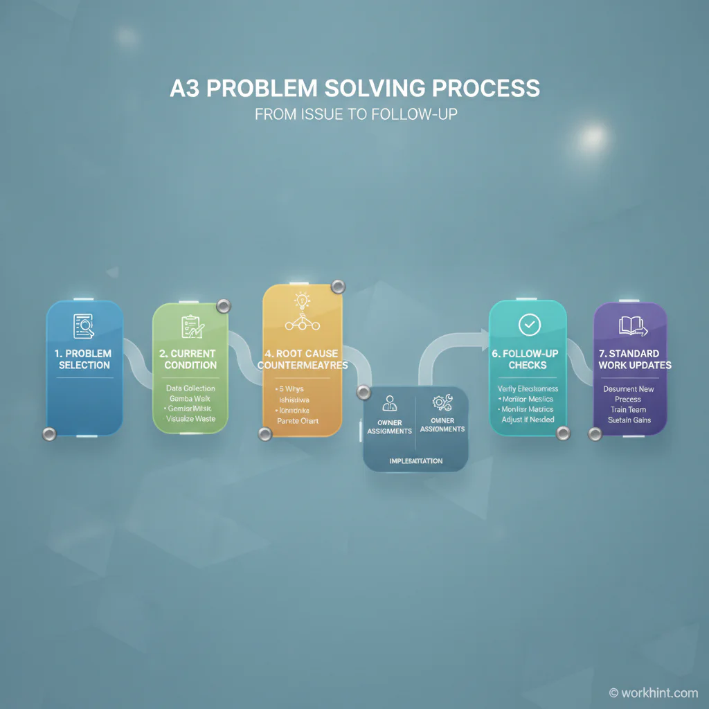 A3 problem solving workflow from issue definition to follow-up review