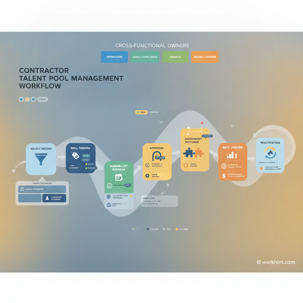Contractor talent pool workflow showing readiness, matching, approvals, and reactivation