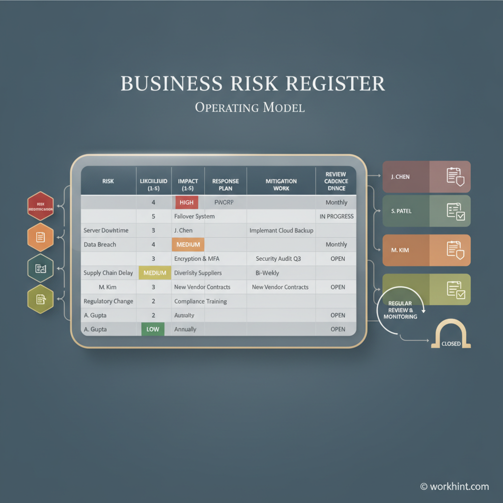Risk register workflow showing risks moving from identification to scoring, ownership, response, and review