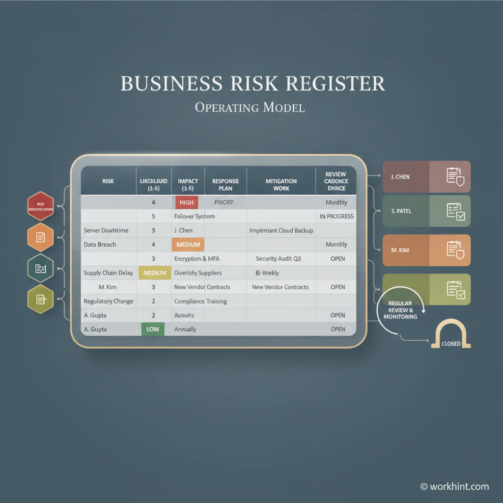 Risk register workflow showing risks moving from identification to scoring, ownership, response, and review