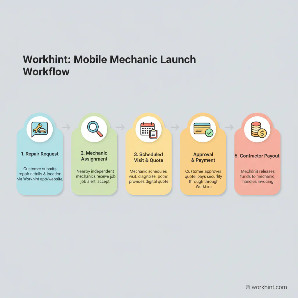 Workflow for launching a mobile mechanic business with customer requests, provider assignment, scheduling, approvals, payments, and payouts