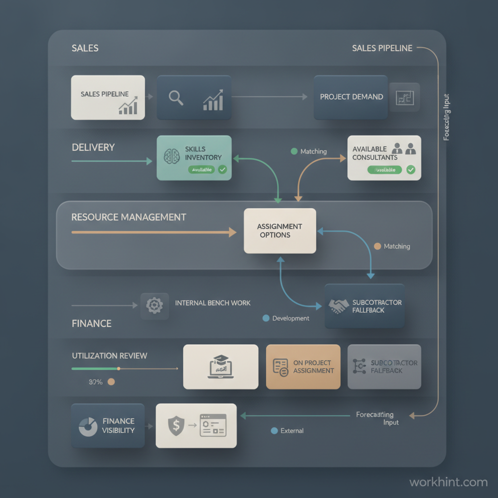 Consulting bench management workflow across sales delivery resource management and finance