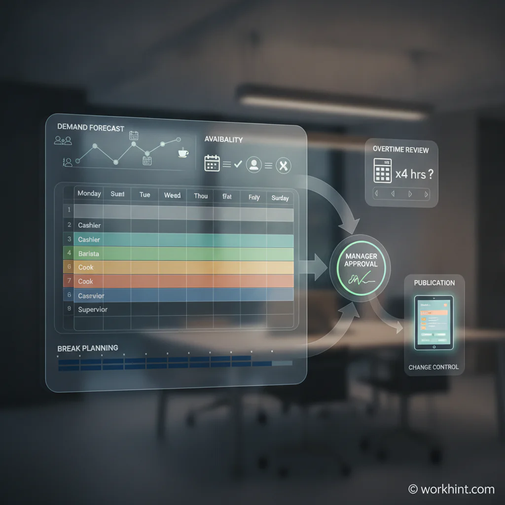 Weekly employee schedule workflow showing demand, availability, approval, publication, and change control