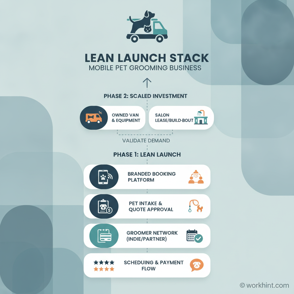 Lean mobile pet grooming launch stack with booking platform, provider network, compliance, pricing, and reviews