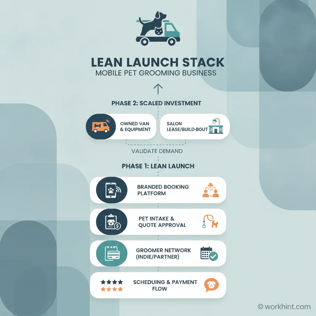 Lean mobile pet grooming launch stack with booking platform, provider network, compliance, pricing, and reviews