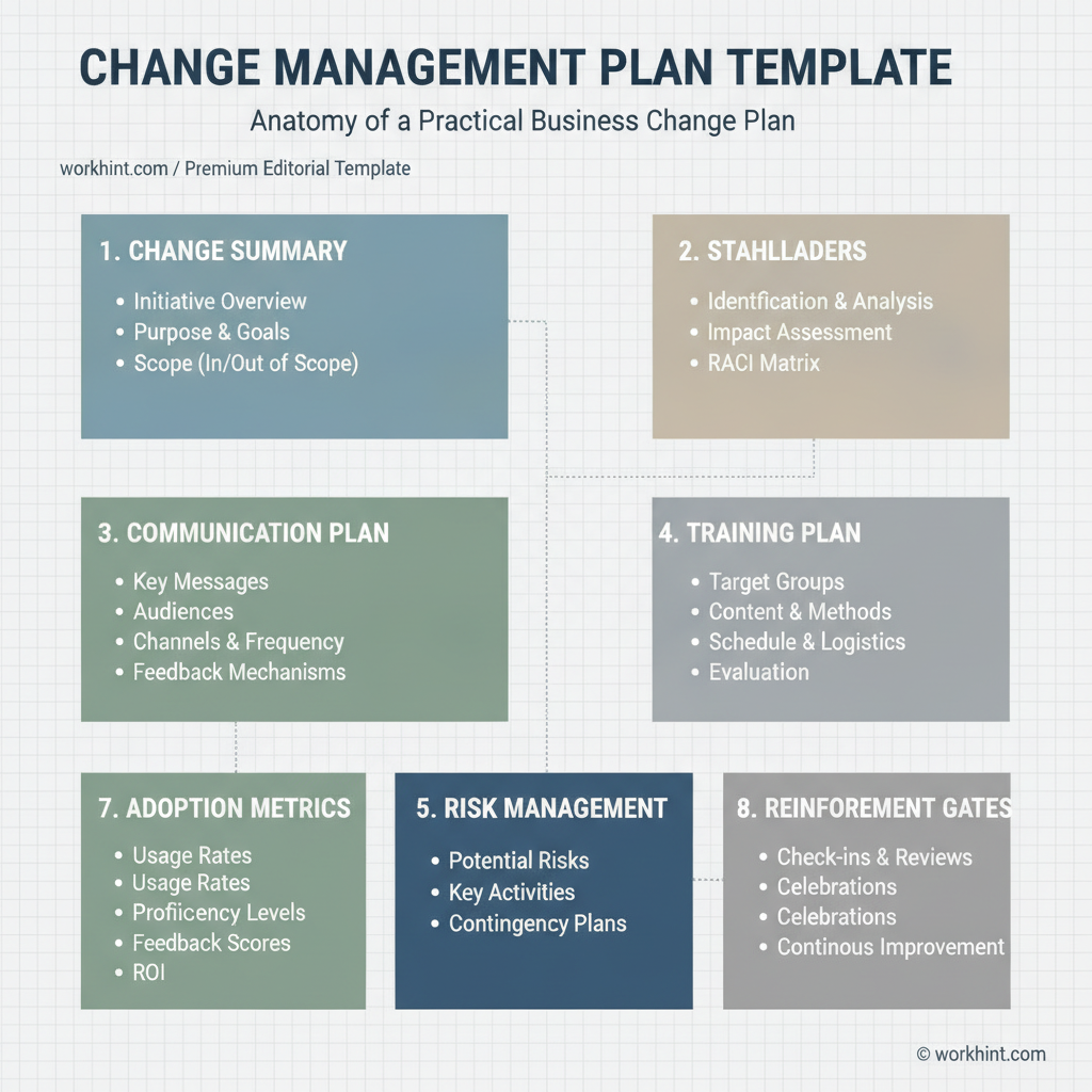 Change management plan template anatomy infographic