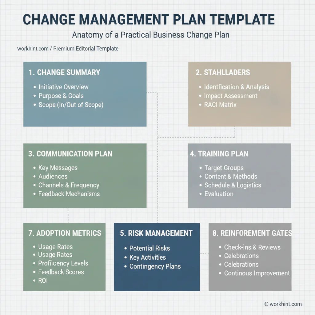Change management plan template anatomy infographic