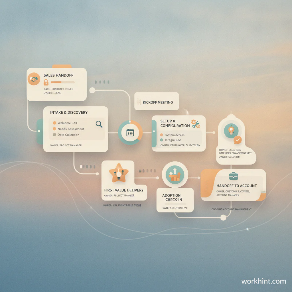 Client onboarding workflow map from sales handoff to first value