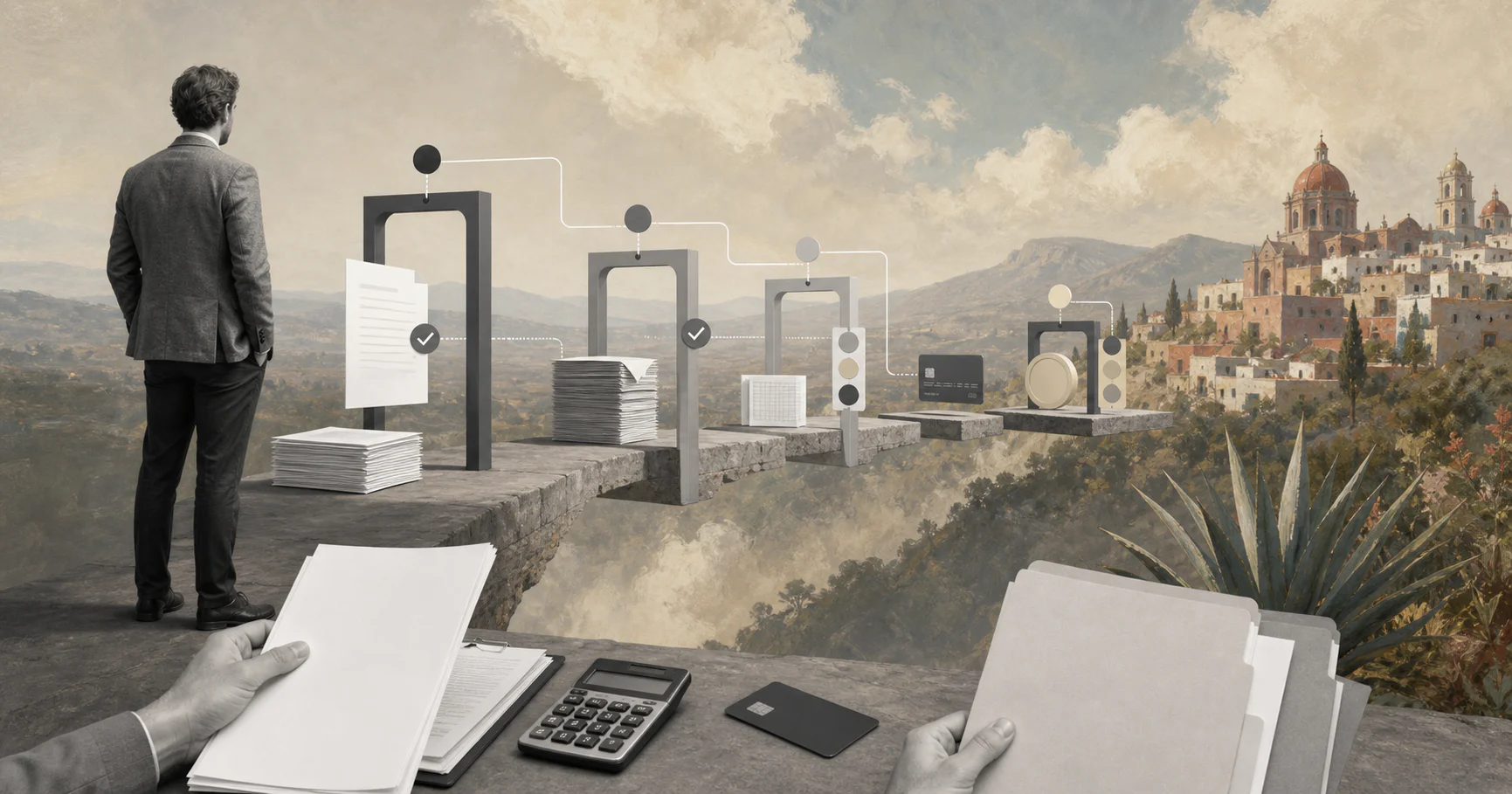 Surreal editorial collage representing contractor payment approvals for Mexico