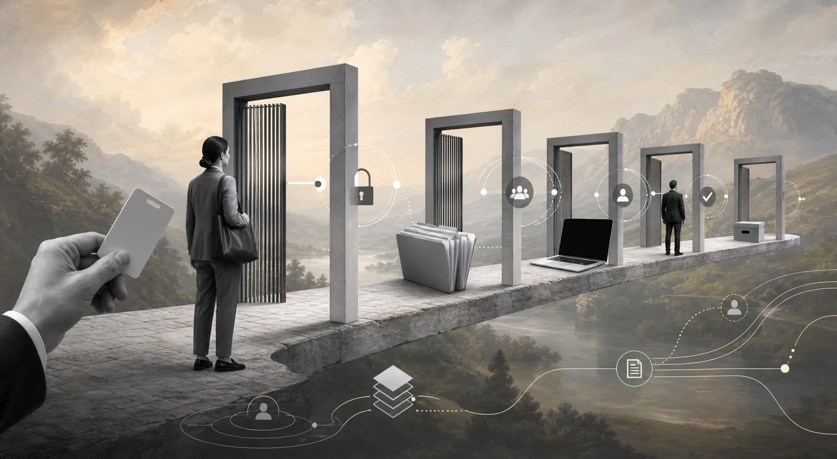Surreal editorial collage representing business access control policy gates, approvals, and reviews
