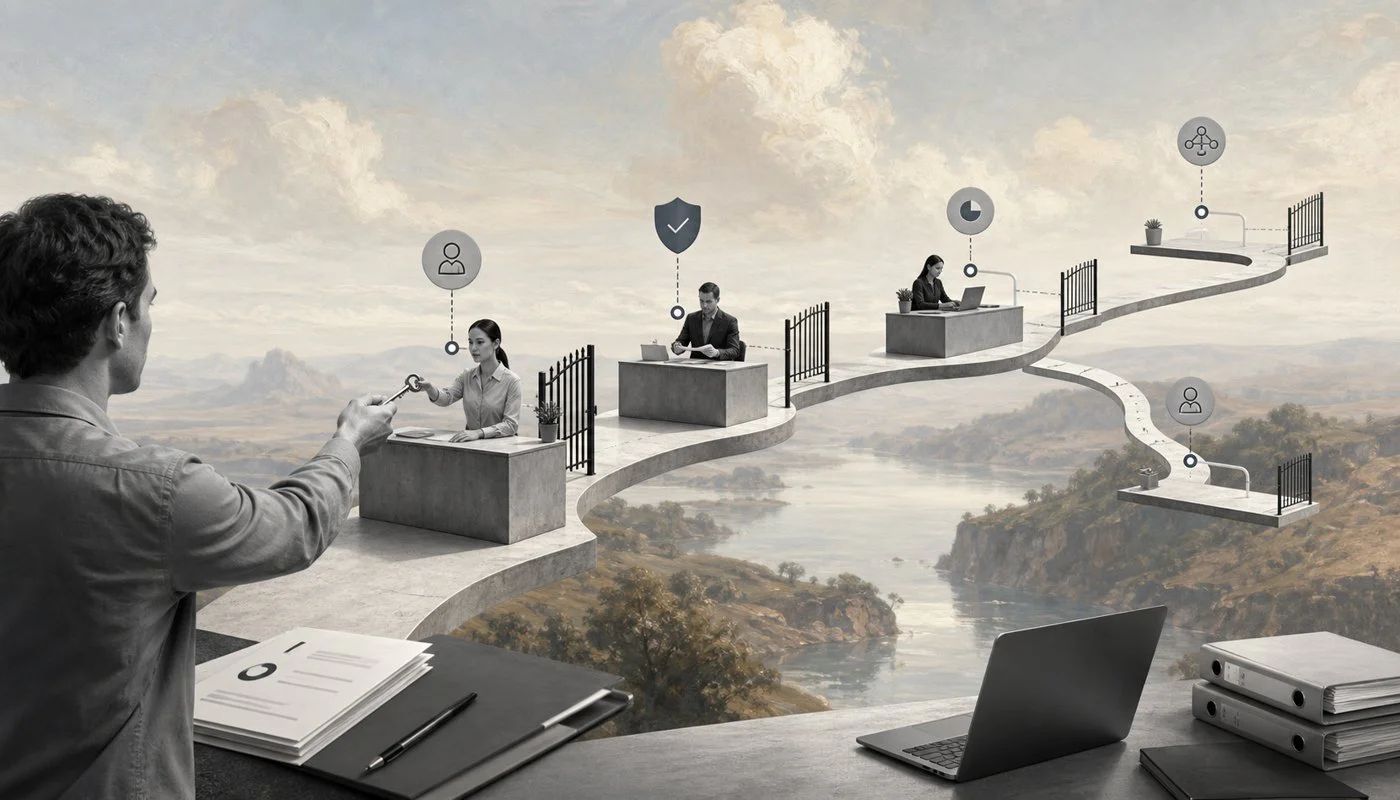 Surreal editorial image representing an access request workflow