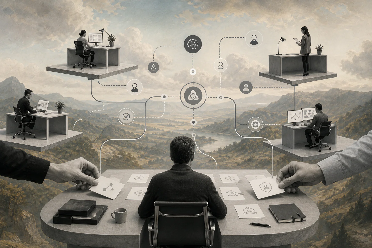 Conceptual editorial collage showing coordinated AI agent orchestration for business workflows