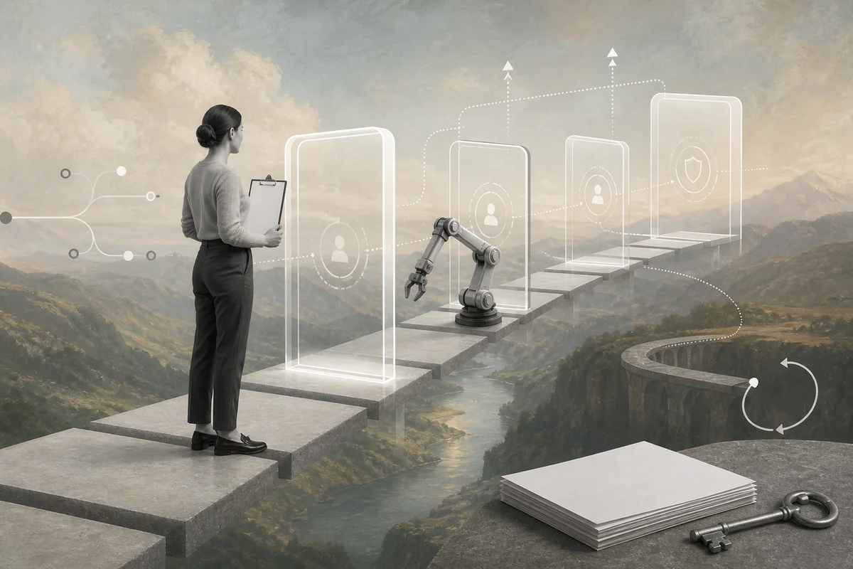Surreal editorial collage representing AI approval workflow gates