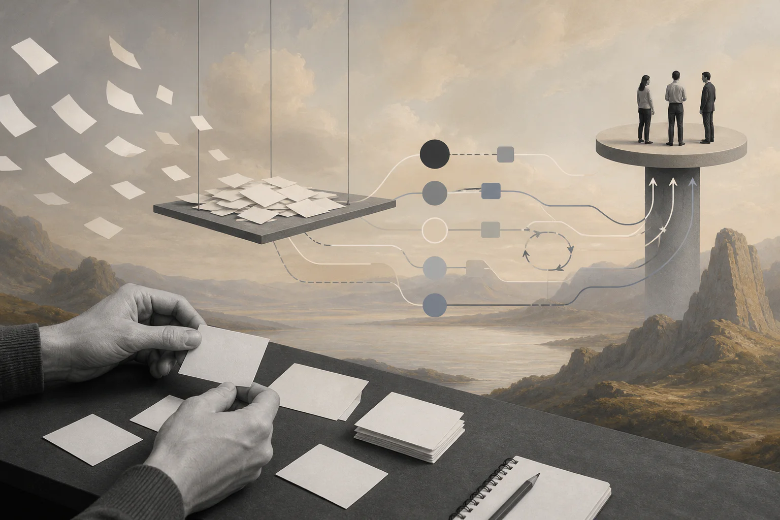 Surreal editorial collage representing AI backlog triage for product teams