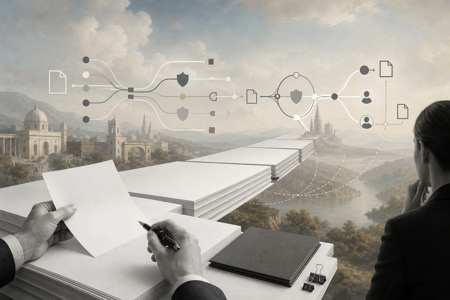 Surreal editorial collage representing an AI contract review workflow with clause extraction, risk routing, and legal approval controls.