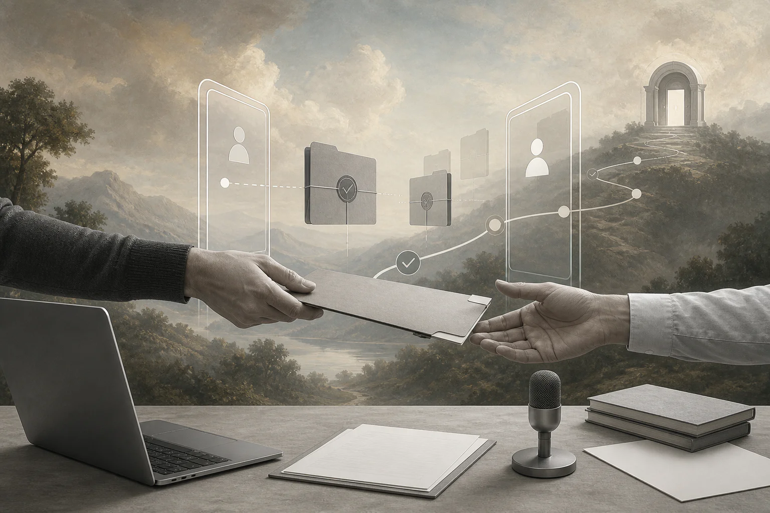 Surreal editorial image about AI disclosure policy for freelancers and clients