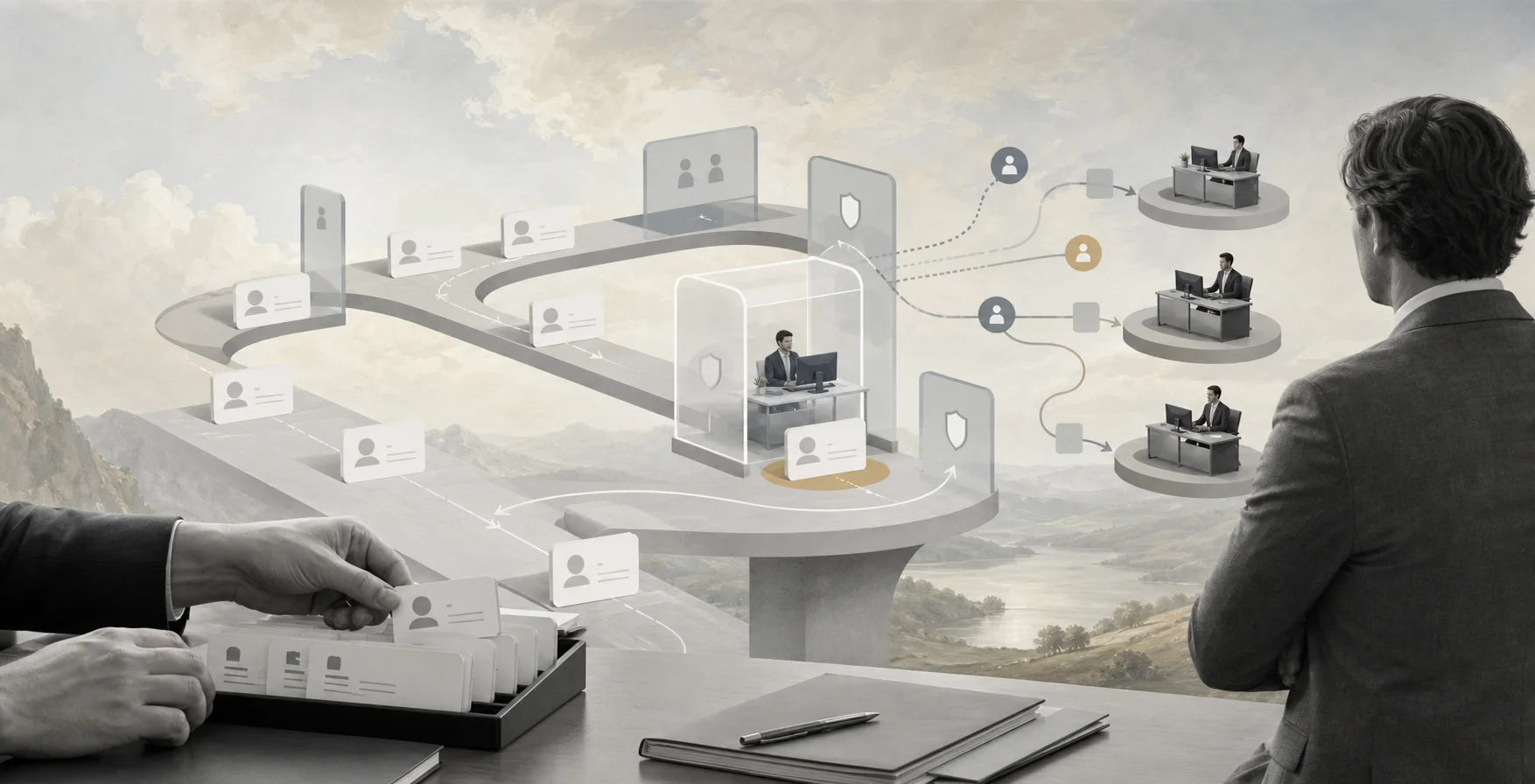 Surreal editorial collage representing AI lead routing automation for B2B sales teams