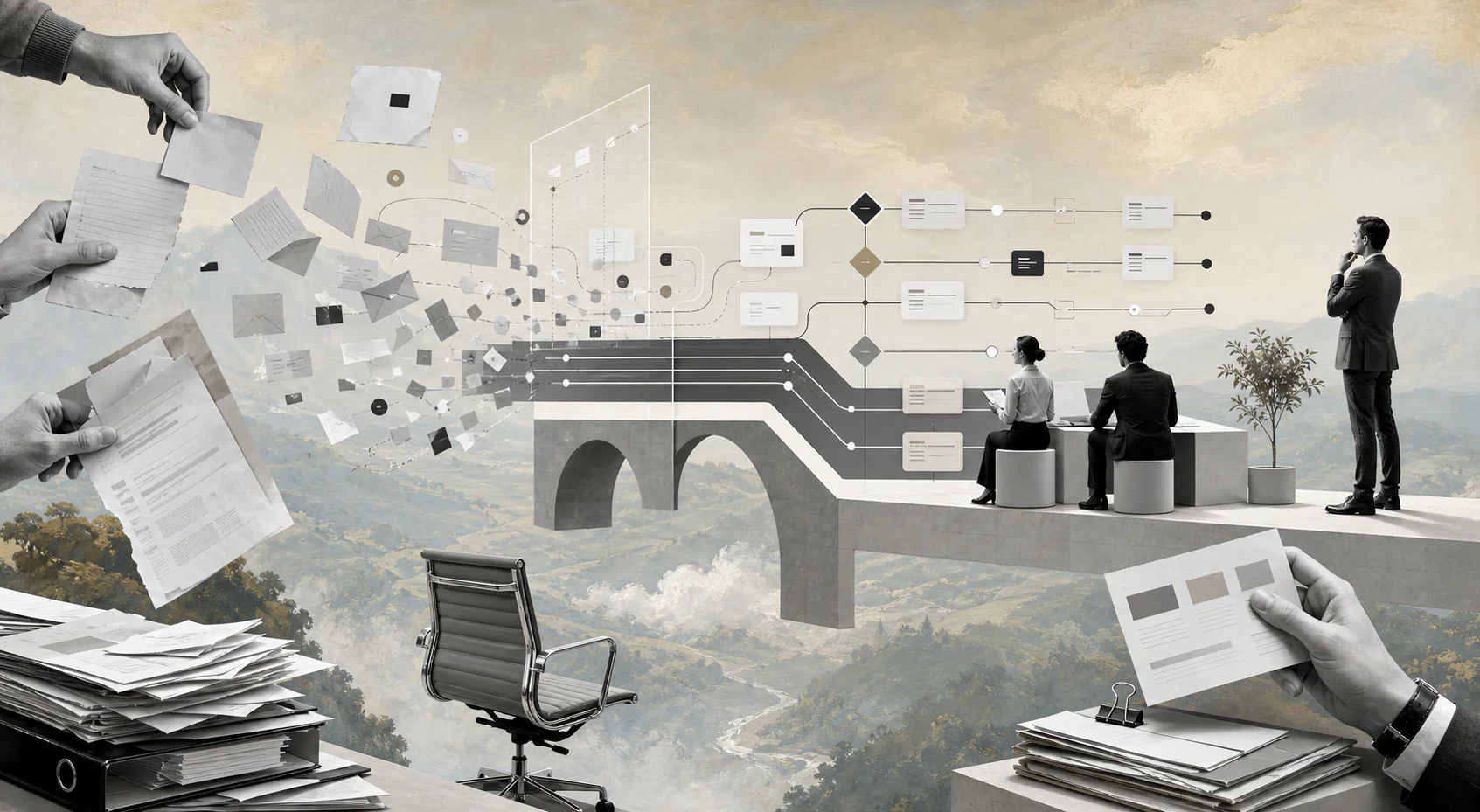 Surreal editorial collage about AI requirements gathering for business workflows